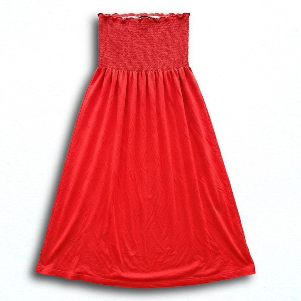 Red Smocked Tube Dress Strapless Midi Rayon Blend Summer Sun Dress